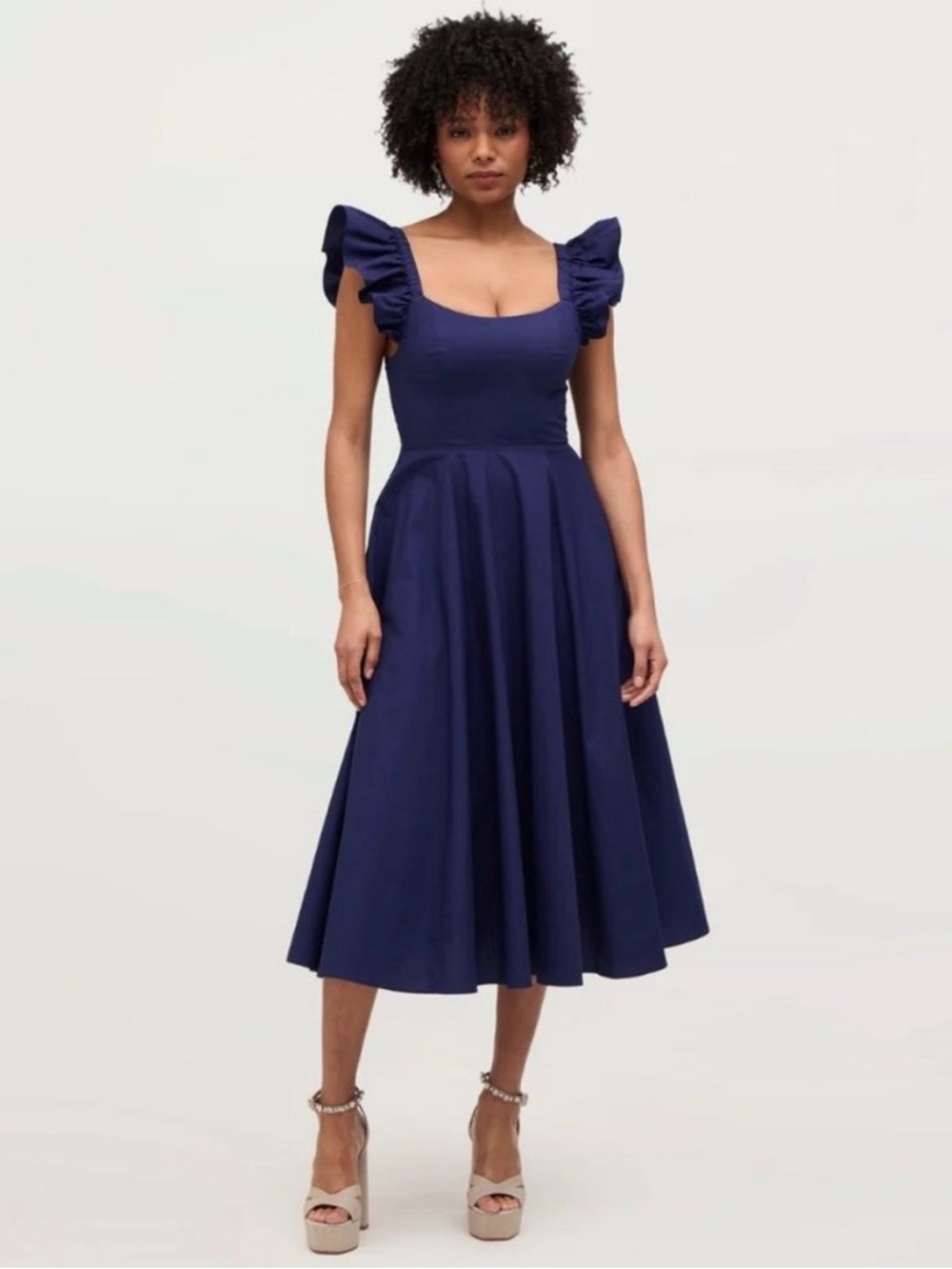 Hill House Daphne Navy Ruffle-Sleeve Midi Dress - Size Large